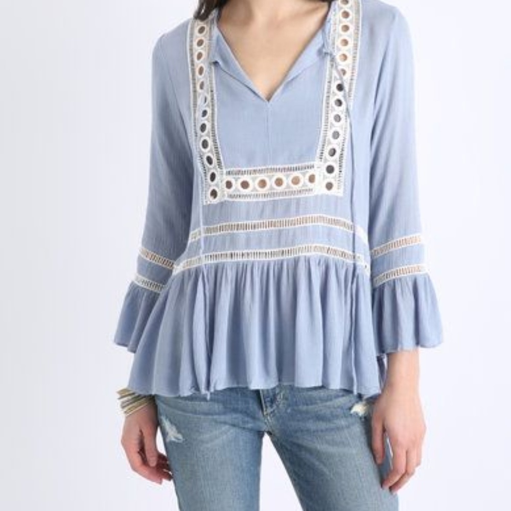 Endless Rose Notch Embroidered Bib Peasant Blouse